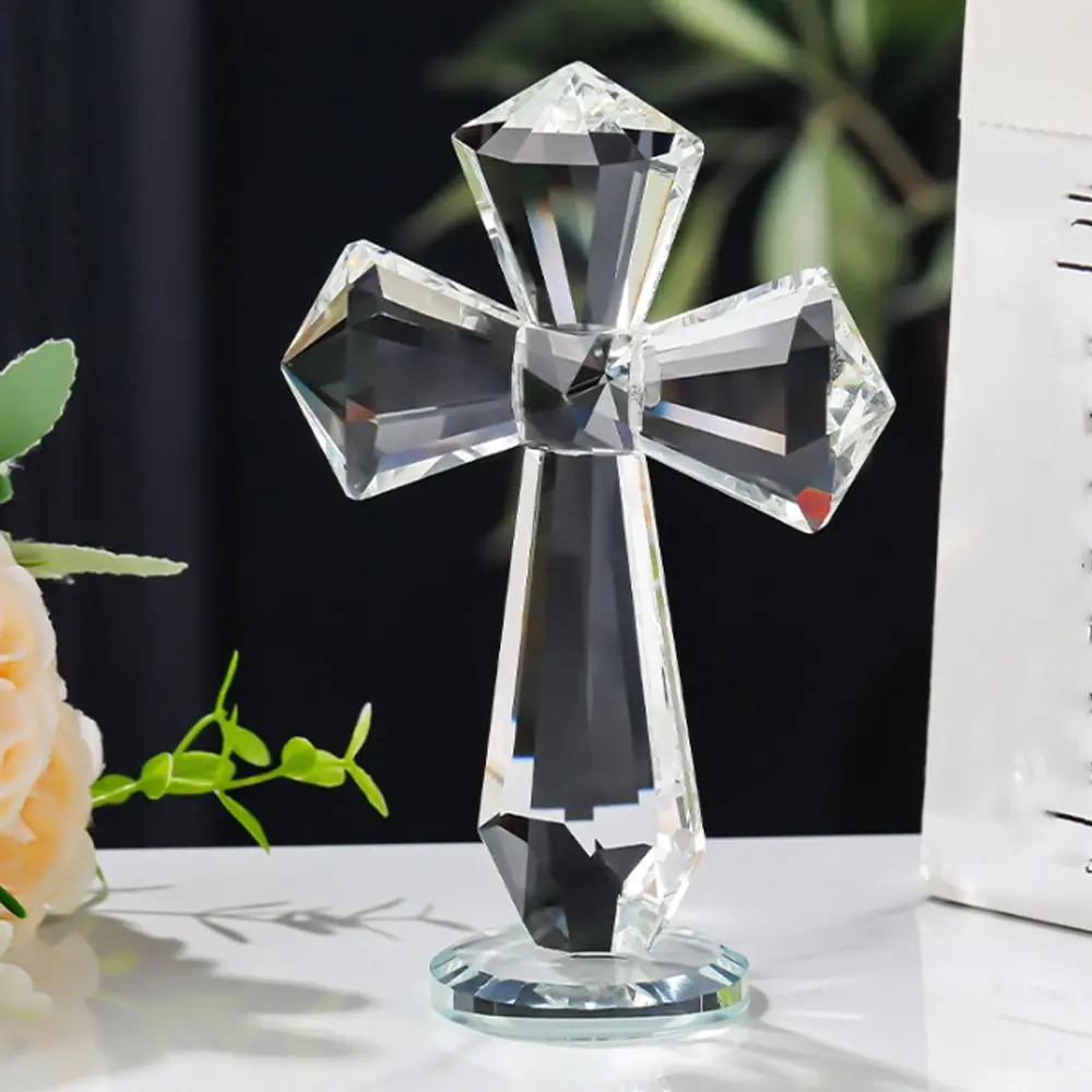 Hand-carved AB Color Crystal Cross Ornament Handmade Standing Christian Cross Crafts Exquisite Crosses Figurine Christian Decor