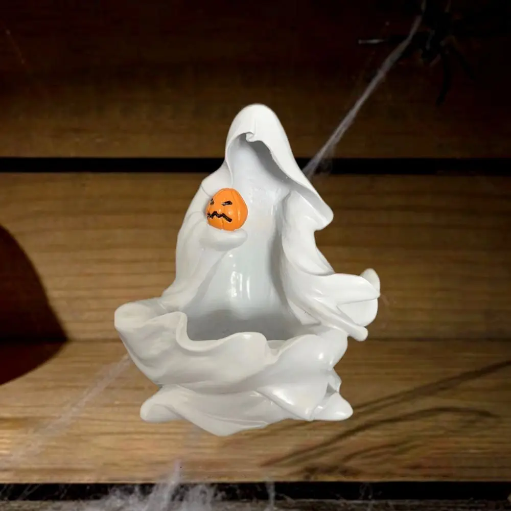 Cute Halloween Ghost Statue DIY With Pumpkin Meditation Ghost Sculpture Cartoon Resin Candlestick Ornament Garden