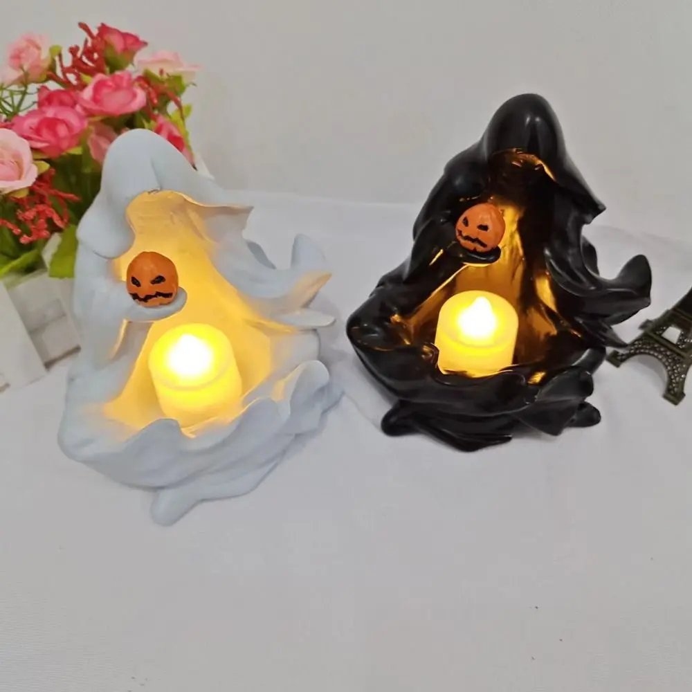Cute Halloween Ghost Statue DIY With Pumpkin Meditation Ghost Sculpture Cartoon Resin Candlestick Ornament Garden