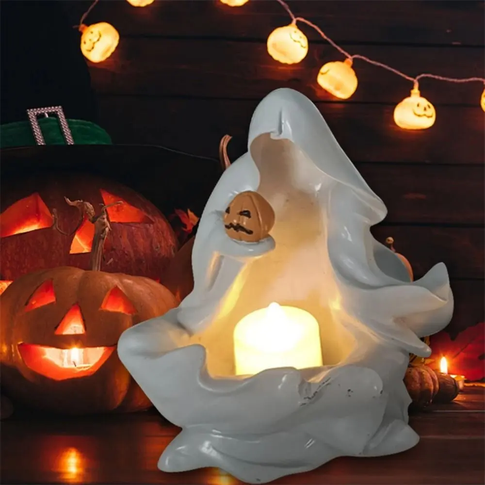 Cute Halloween Ghost Statue DIY With Pumpkin Meditation Ghost Sculpture Cartoon Resin Candlestick Ornament Garden
