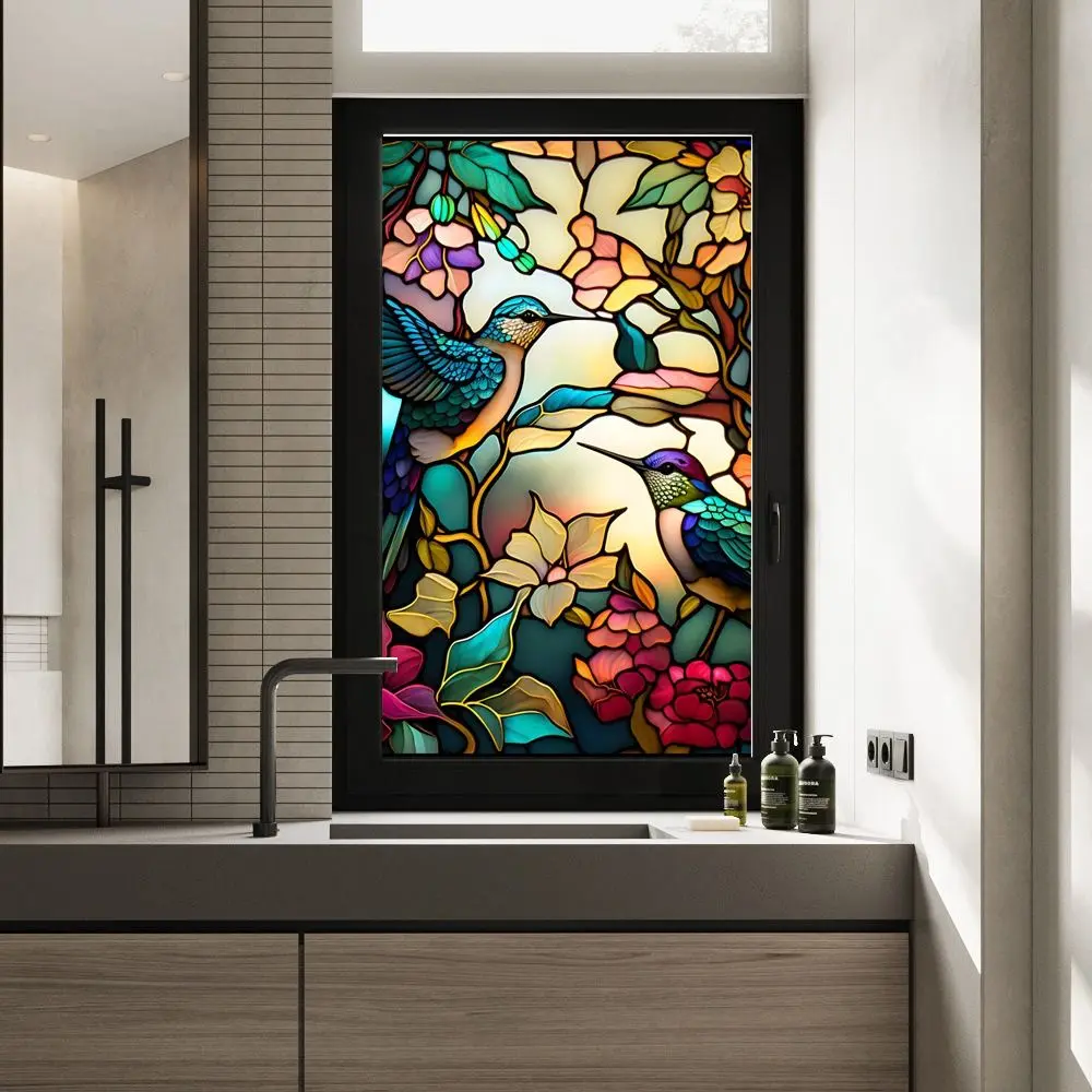 45CMx100CM Flower Bird Window Glass Sticker DIY Retro PVC Static Window Sticker Waterproof Thickened Window Privacy Film Sticker
