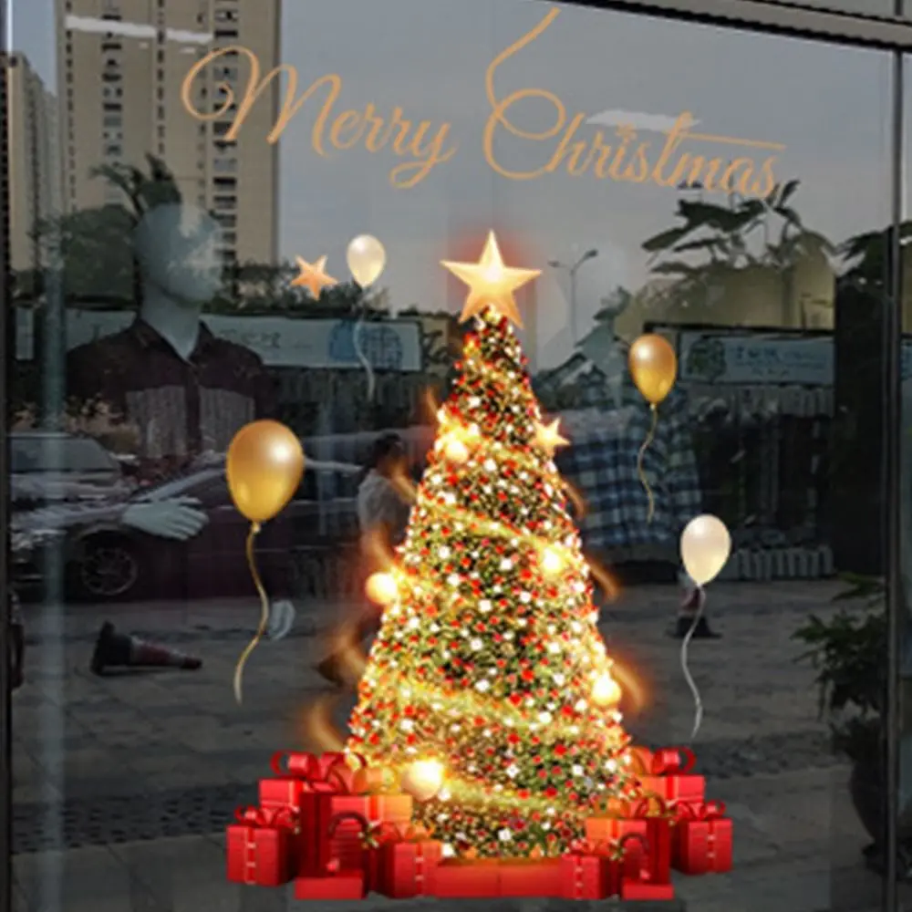 Cartoon Pattern Christmas Tree Window Stickers DIY Waterproof Glass Wall Sticker Portable Transparent PVC Festival Decals