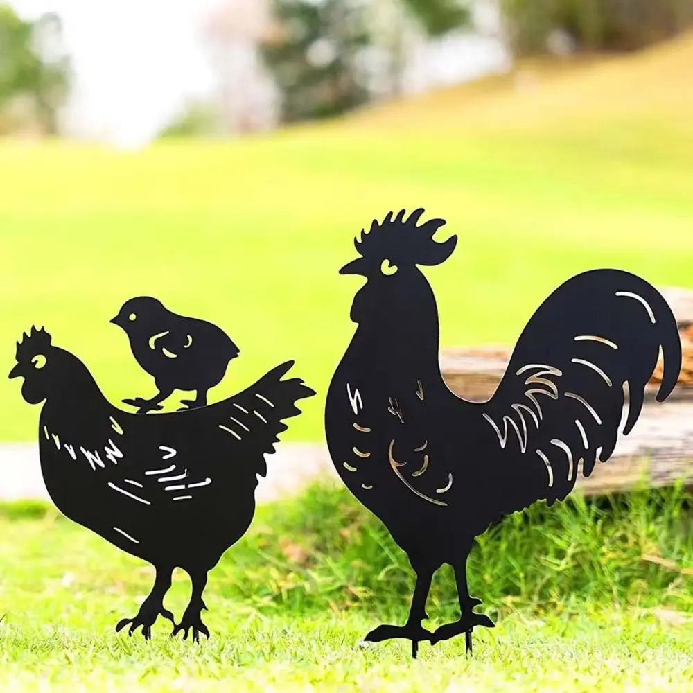 3Pcs Weatherproof Black Chicken Statue Cartoon Anti-rust Metal Animal Ornaments Handmade Resin Ornaments Outdoor