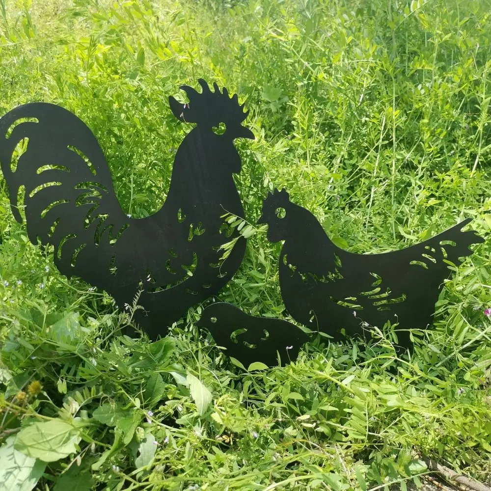 3Pcs Weatherproof Black Chicken Statue Cartoon Anti-rust Metal Animal Ornaments Handmade Resin Ornaments Outdoor