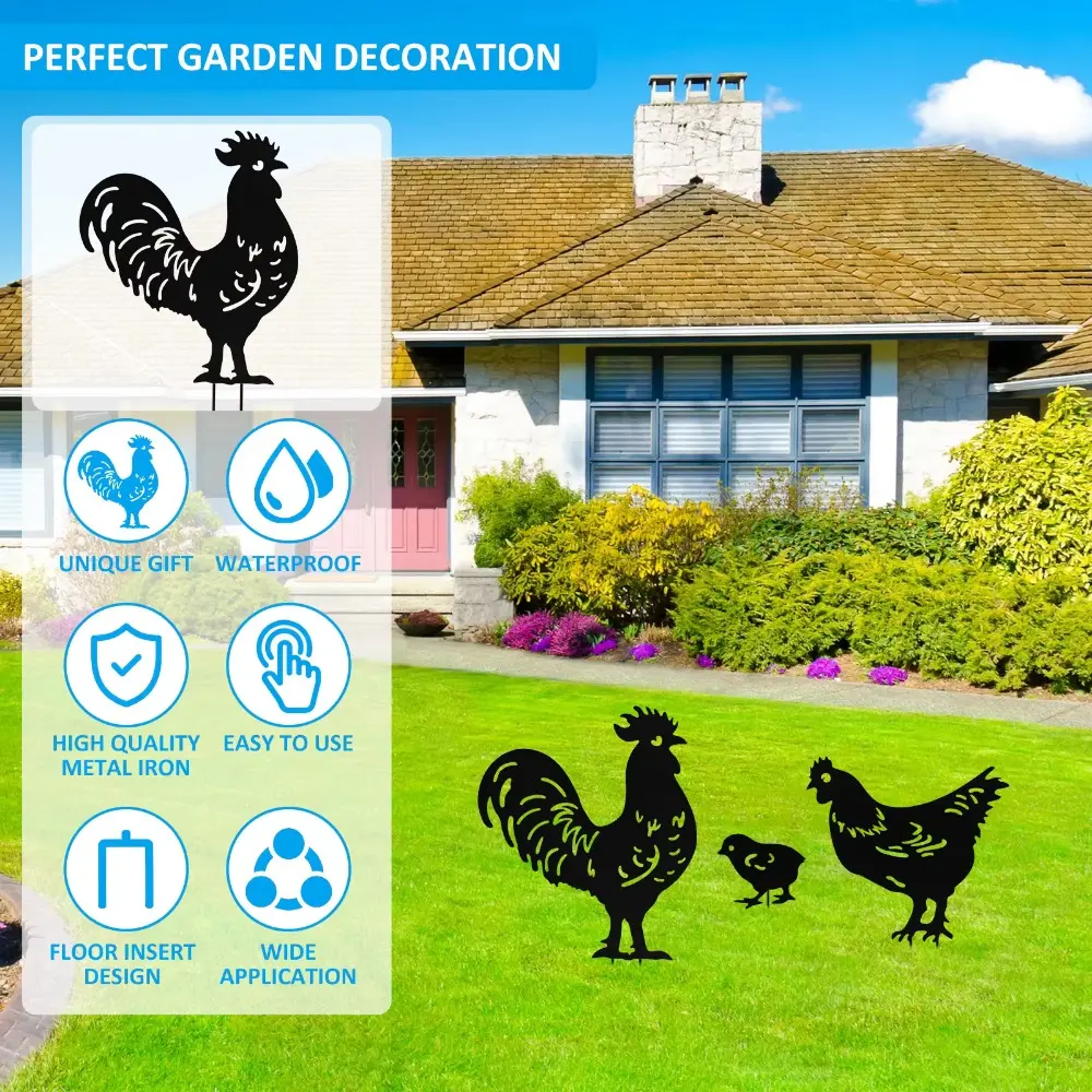 3Pcs Weatherproof Black Chicken Statue Cartoon Anti-rust Metal Animal Ornaments Handmade Resin Ornaments Outdoor