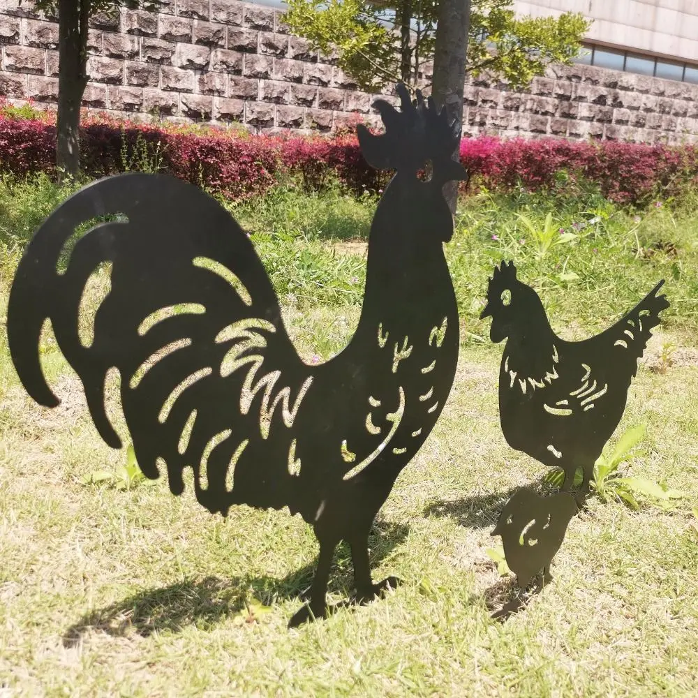 3Pcs Weatherproof Black Chicken Statue Cartoon Anti-rust Metal Animal Ornaments Handmade Resin Ornaments Outdoor