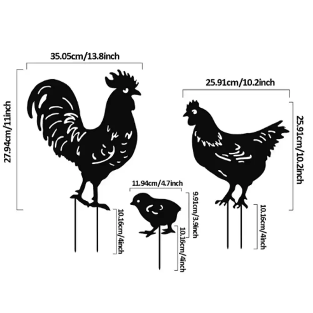 3Pcs Weatherproof Black Chicken Statue Cartoon Anti-rust Metal Animal Ornaments Handmade Resin Ornaments Outdoor