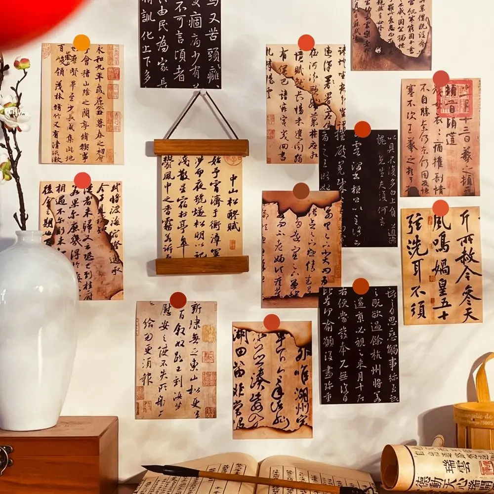30 Sheets Antique Style Chinese Wall Collage Kit Chinese Calligraphy Single Side Wall Poster Greeting Cards with Sticker Pad