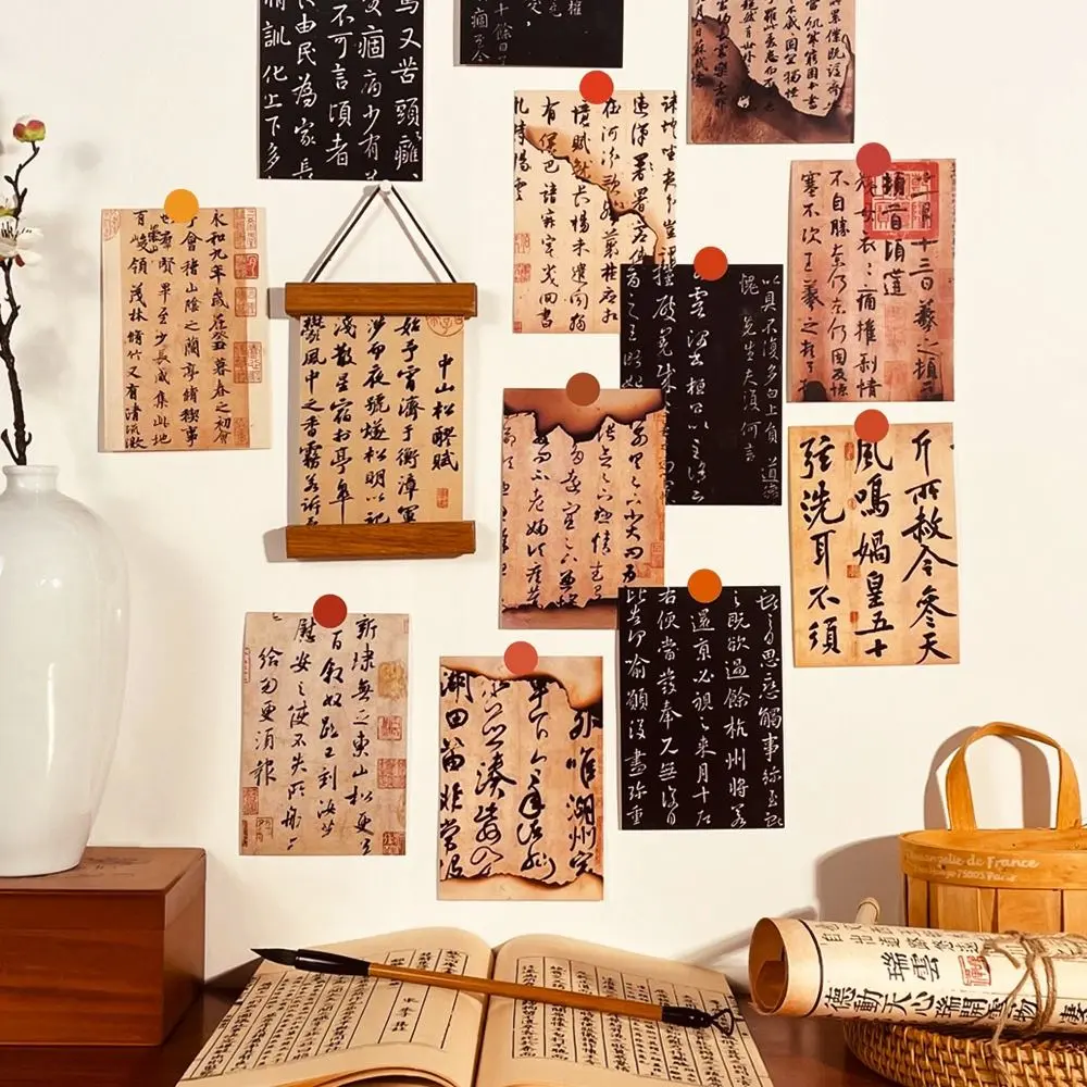 30 Sheets Antique Style Chinese Wall Collage Kit Chinese Calligraphy Single Side Wall Poster Greeting Cards with Sticker Pad