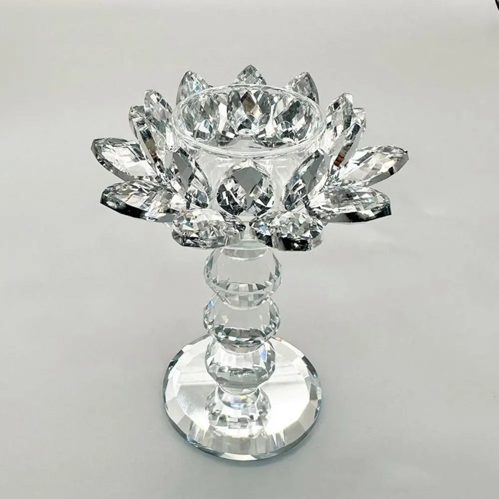 Bright Crystal Lotus Candlestick Durable Anti-slip Glass Candle Stand Elegant Ornament Lotus Flower Figurines Wedding Decor