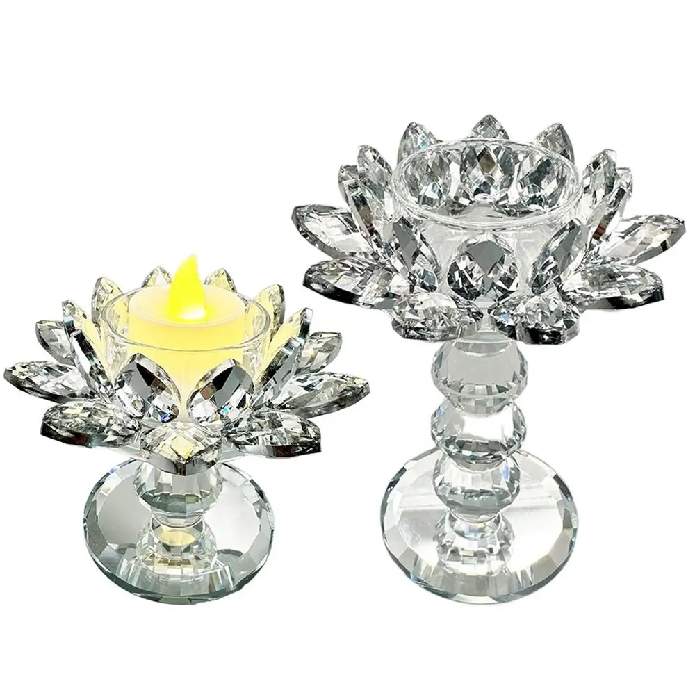 Bright Crystal Lotus Candlestick Durable Anti-slip Glass Candle Stand Elegant Ornament Lotus Flower Figurines Wedding Decor