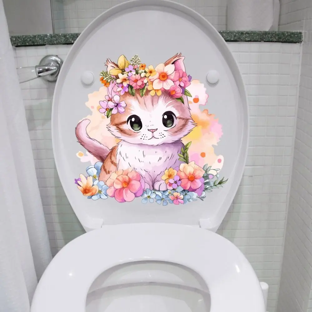 Creative Cartoon Cat Toilet Sticke Self-adhesive Adorable Cat Wall Decals Waterproof Cartoon Bathroom Mural Bathroom