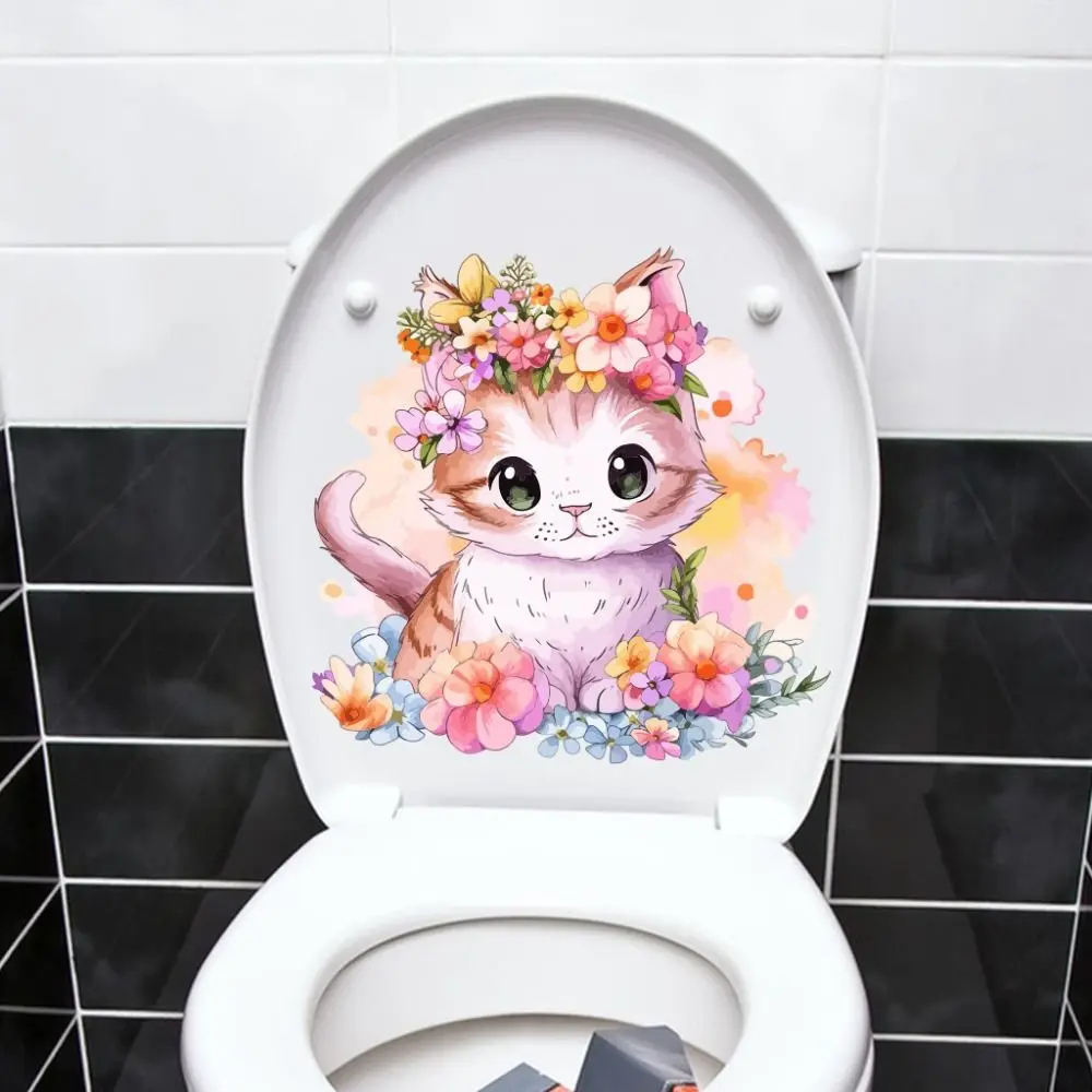 Creative Cartoon Cat Toilet Sticke Self-adhesive Adorable Cat Wall Decals Waterproof Cartoon Bathroom Mural Bathroom