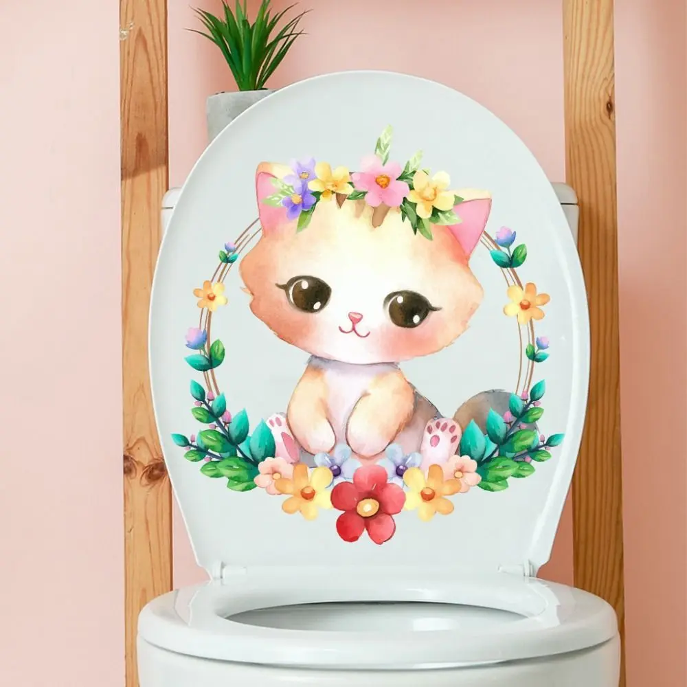 Creative Cartoon Cat Toilet Sticke Self-adhesive Adorable Cat Wall Decals Waterproof Cartoon Bathroom Mural Bathroom