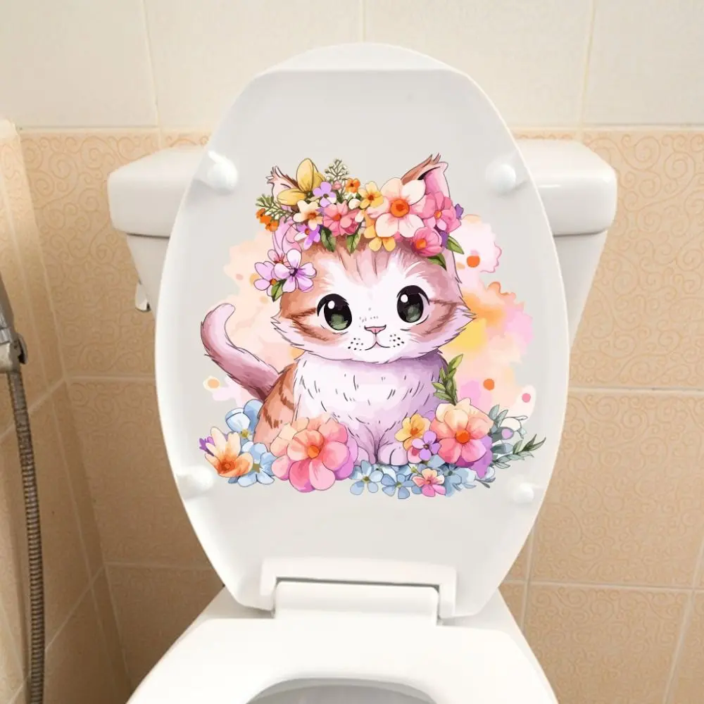 Creative Cartoon Cat Toilet Sticke Self-adhesive Adorable Cat Wall Decals Waterproof Cartoon Bathroom Mural Bathroom