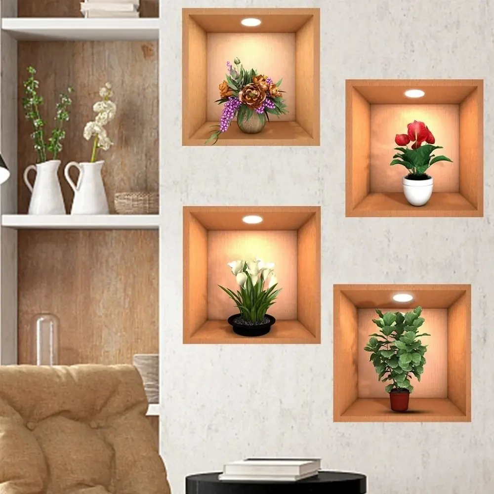 4pcs PVC Plant Potted Wall Stickers Creative Waterproof Simulate 3D Wallpapers Self Adhesive Simple Plants Flower Decals
