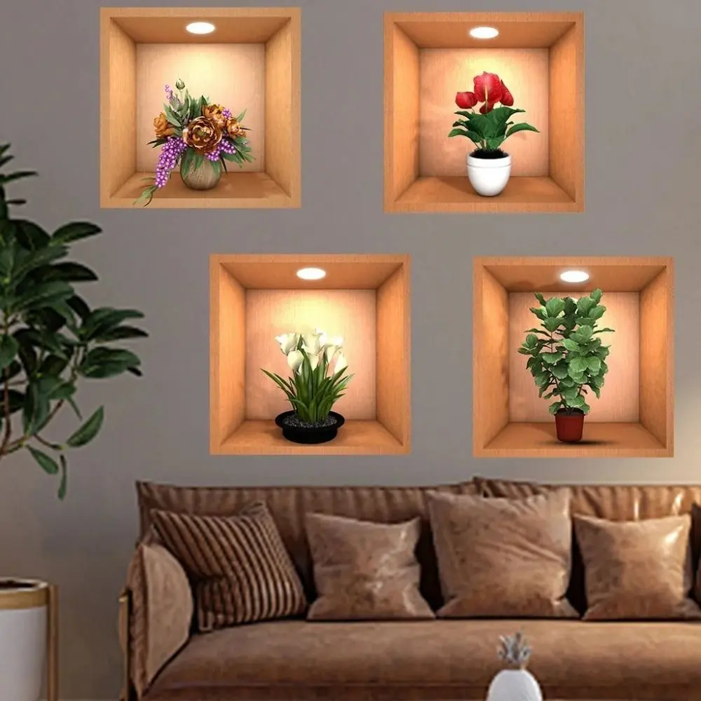 4pcs PVC Plant Potted Wall Stickers Creative Waterproof Simulate 3D Wallpapers Self Adhesive Simple Plants Flower Decals