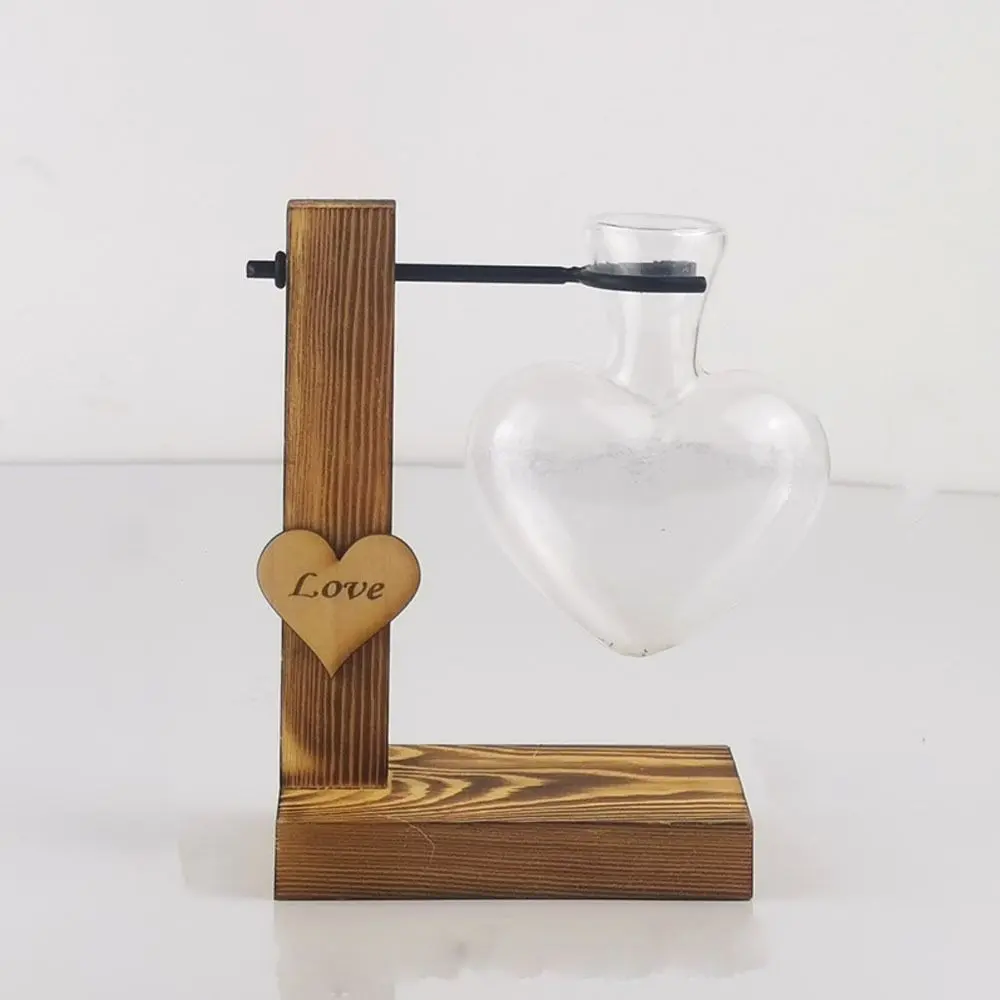 Heart Shape Wood Frame Vase Glass Wooden Stand Hydroponic Flower Vase Transparent Hydroponic Transparent Glass Vase Desktop