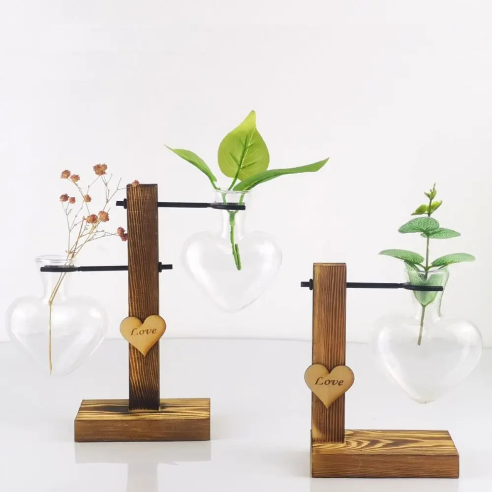 Heart Shape Wood Frame Vase Glass Wooden Stand Hydroponic Flower Vase Transparent Hydroponic Transparent Glass Vase Desktop