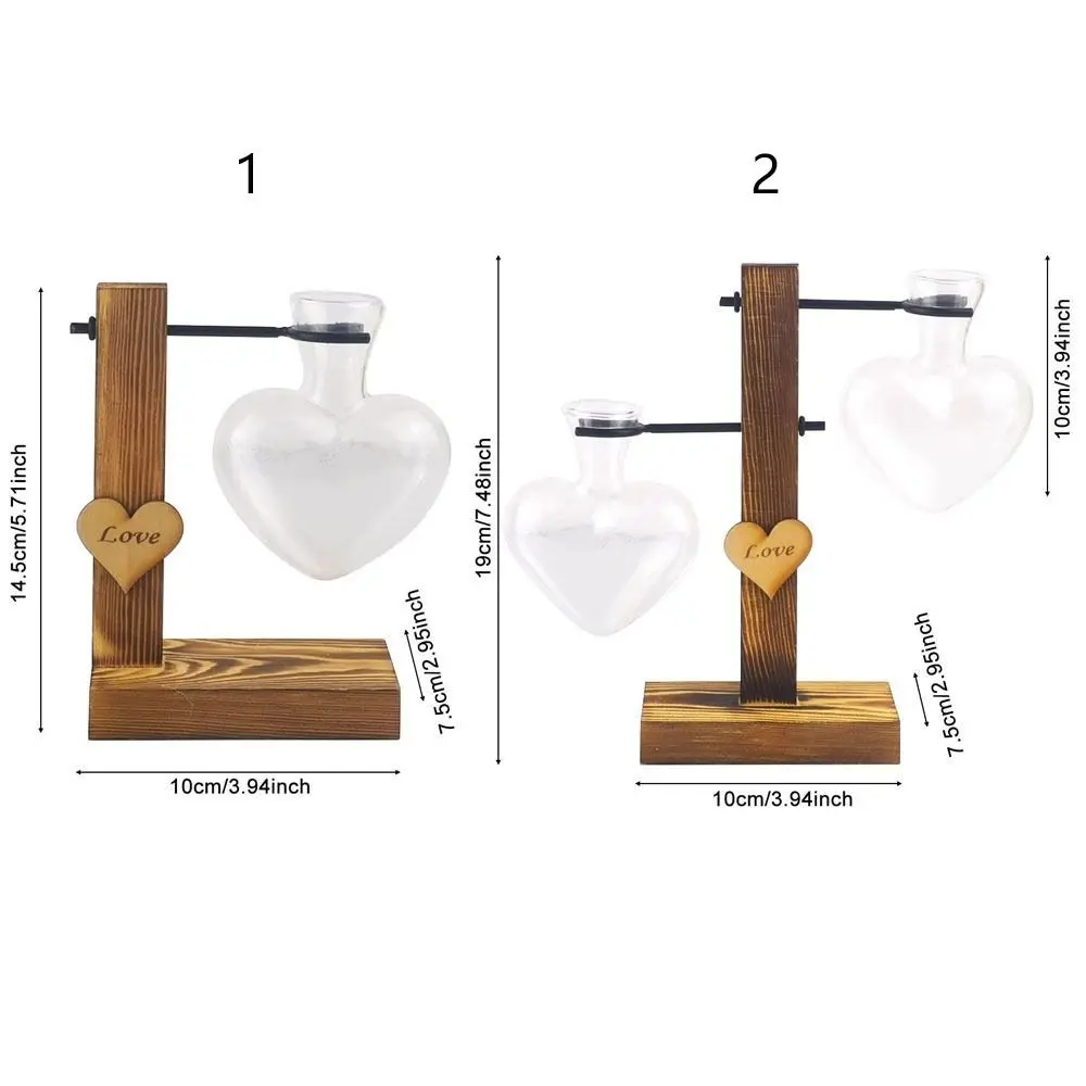Heart Shape Wood Frame Vase Glass Wooden Stand Hydroponic Flower Vase Transparent Hydroponic Transparent Glass Vase Desktop