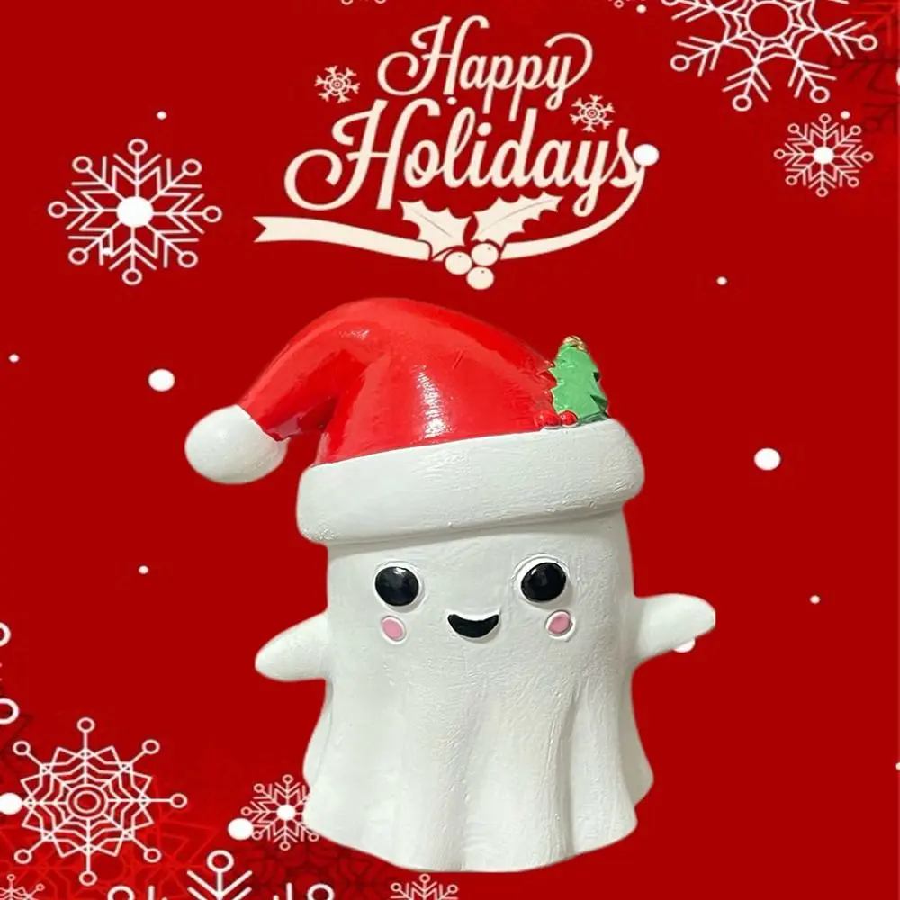 Kawaii Christmas Hat Ghost Figurine Cartoon Exquisite Christmas Ghost Resin Ornament Handmade Creative Ghost Car Ornament Car