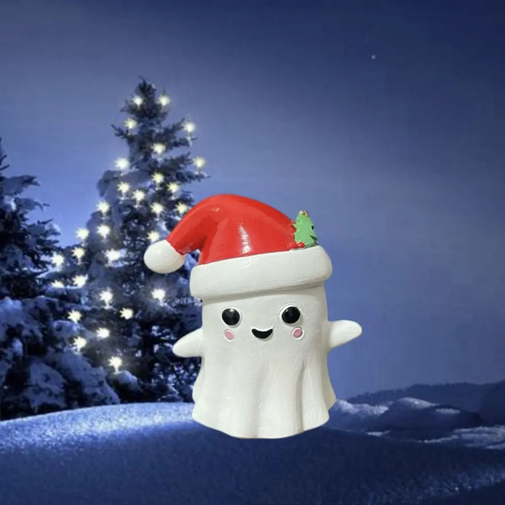 Kawaii Christmas Hat Ghost Figurine Cartoon Exquisite Christmas Ghost Resin Ornament Handmade Creative Ghost Car Ornament Car