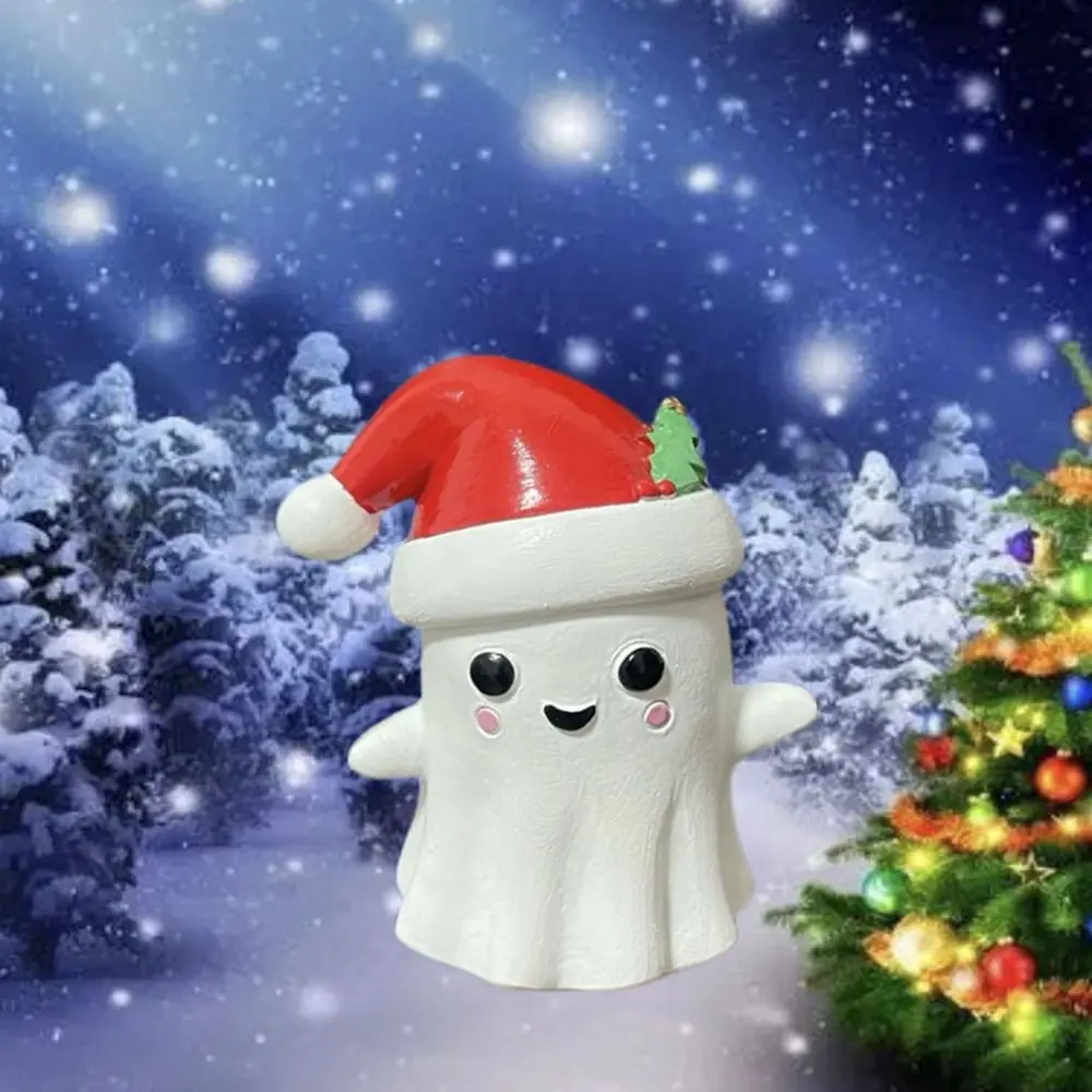 Kawaii Christmas Hat Ghost Figurine Cartoon Exquisite Christmas Ghost Resin Ornament Handmade Creative Ghost Car Ornament Car