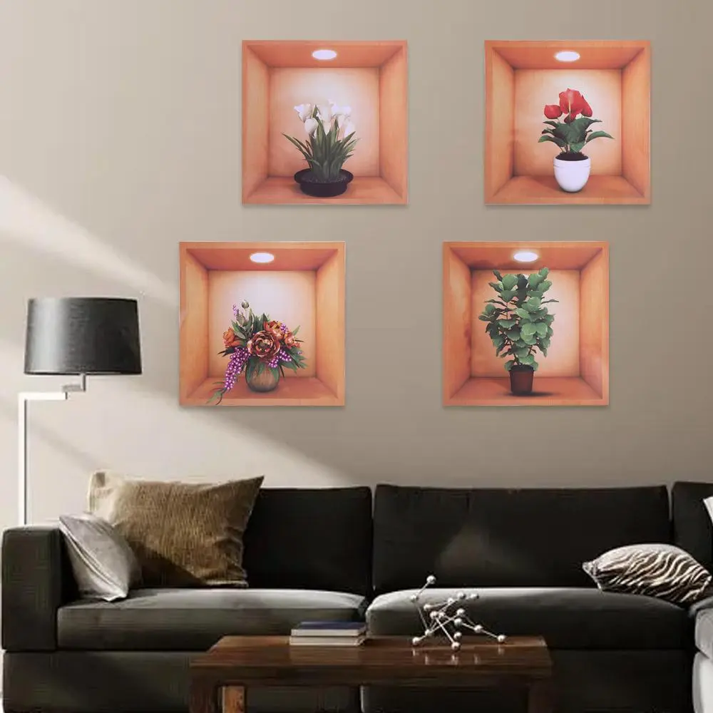 4pcs PVC Plant Potted Wall Stickers Creative Waterproof Simulate 3D Wallpapers Self Adhesive Simple Plants Flower Decals