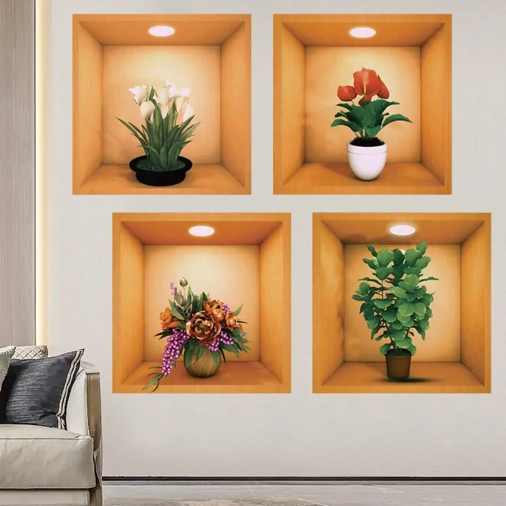 4pcs PVC Plant Potted Wall Stickers Creative Waterproof Simulate 3D Wallpapers Self Adhesive Simple Plants Flower Decals