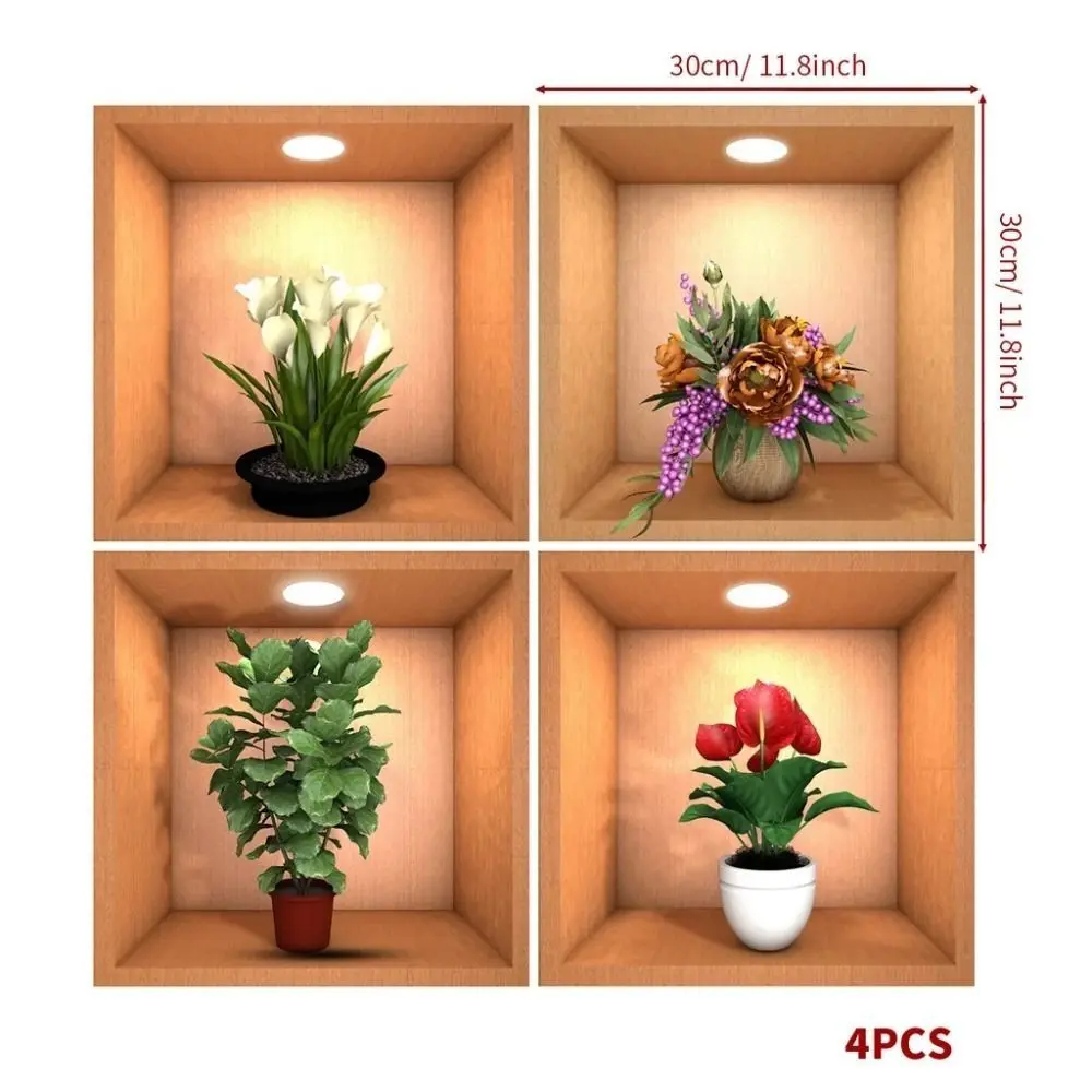4pcs PVC Plant Potted Wall Stickers Creative Waterproof Simulate 3D Wallpapers Self Adhesive Simple Plants Flower Decals
