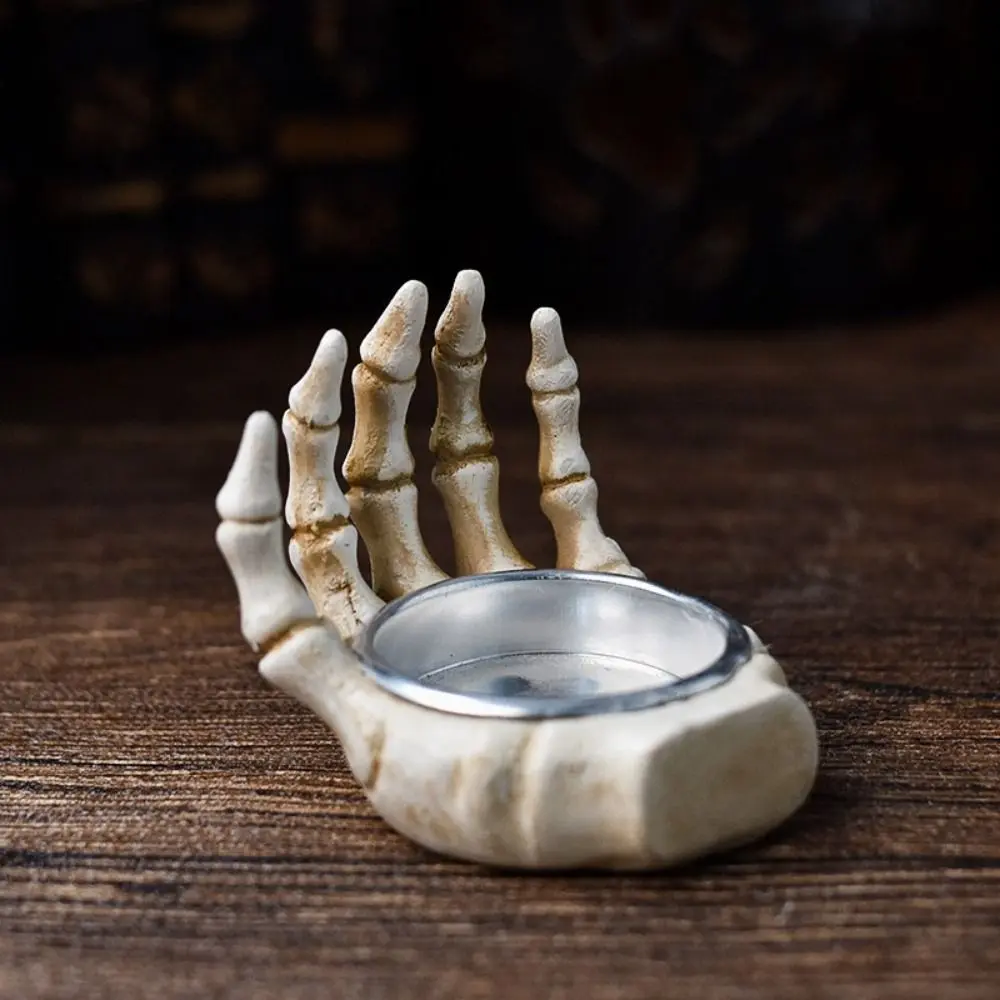 Resin Halloween Skull Candlestick with Built-in Metal Tray Drop-proof Skeleton Palm Candlestick High Temperature Resistance