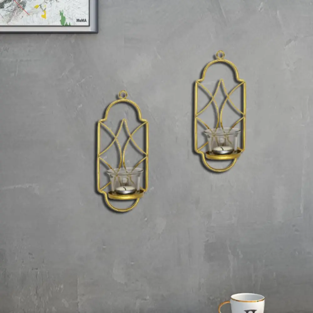 Wrought Iron Wall Mount Candle Stand Easy to Install Rustic Geometric Golden Candlestick Vintage Wall Tealight Holder
