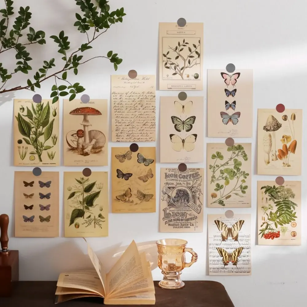 30Sheets Retro Style Plant Wall Collage Kit INS Butterfly Wall Poster Greeting Cards DIY Artistic Decorative Postcards
