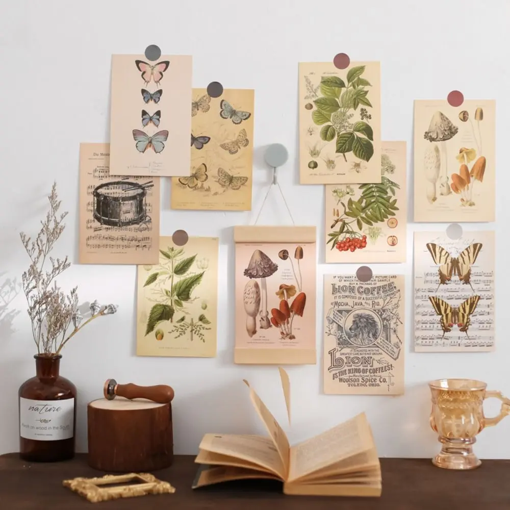 30Sheets Retro Style Plant Wall Collage Kit INS Butterfly Wall Poster Greeting Cards DIY Artistic Decorative Postcards