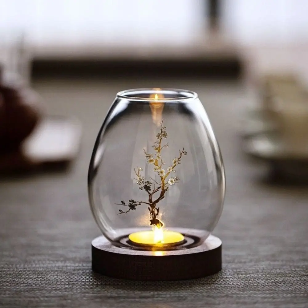 Glass Candlesticks with Cup Cover Round with Wood Base Candle Holders European Style Home Decor Table Decoration Ornaments