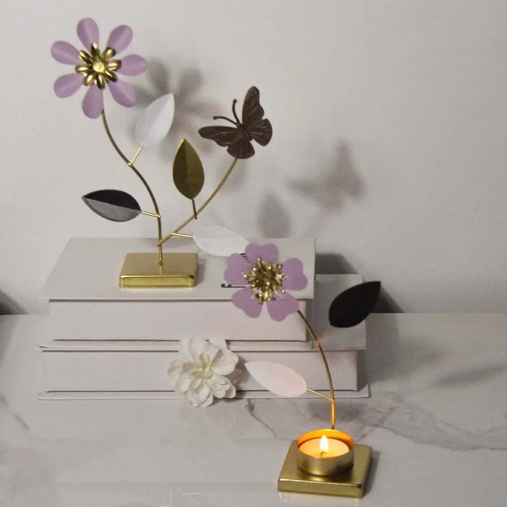 Creative Iron Crafts Floral Candle Holder Romantic Decorative Butterfly Flower Stand Unique Metal Tealight Holder Dining Table