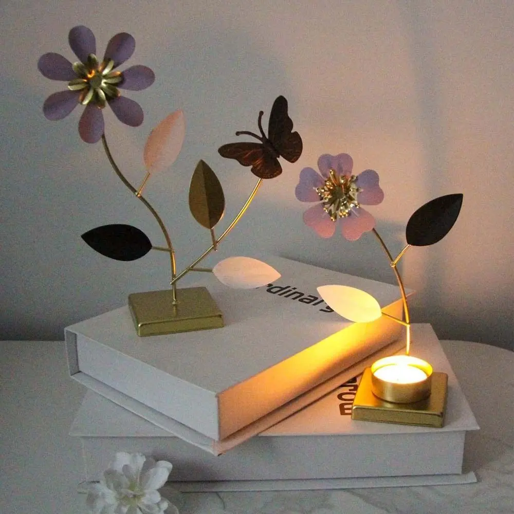Creative Iron Crafts Floral Candle Holder Romantic Decorative Butterfly Flower Stand Unique Metal Tealight Holder Dining Table