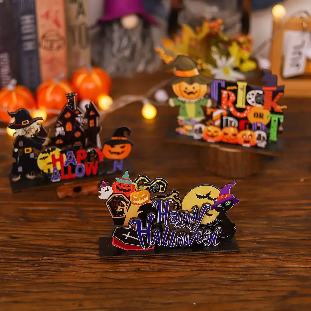 4-style 3D Halloween Wooden Ornaments Cartoon Handicraft Ghost Desktop Ornament Cute Halloween Decoration Props Desk