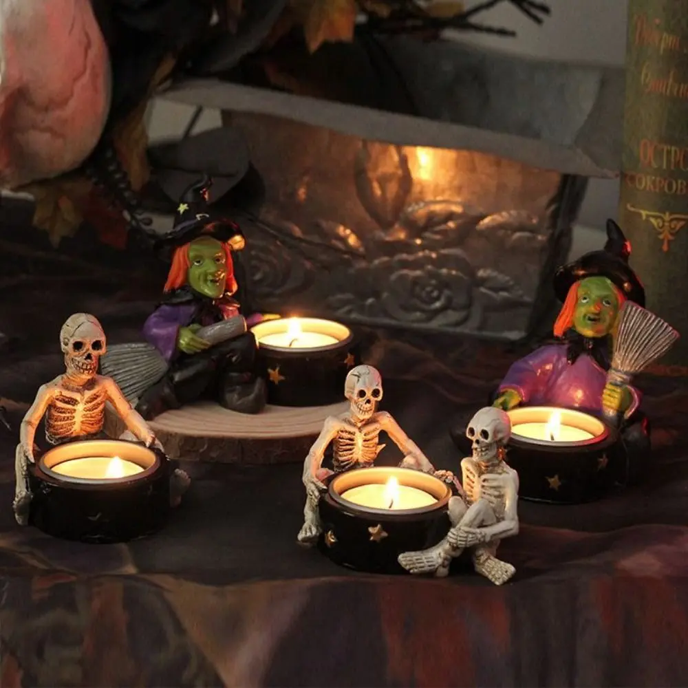 Funny Ins Halloween Skeleton Candlestick Cartoon Resin Craft Witch Candlestick Ornaments 3D Ghost Candle Holder Desktop