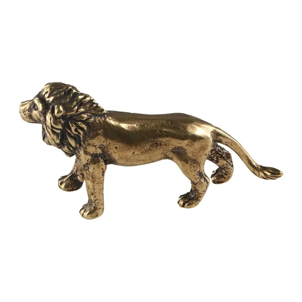Retro Brass Lion King Figurines Cute Chinese Lion Statue Exquisite Handmade Mini Lion Sculpture Home Decor Gifts