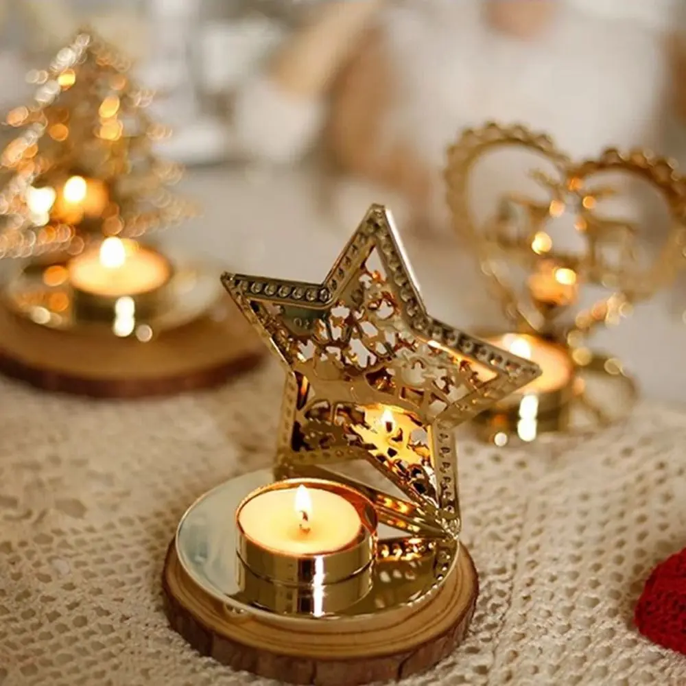 French Style Nordic Hollowed Candle Holder Gold Exquisite Christmas Candlestick Ornament Iron Art Iron Candle Stand Christmas