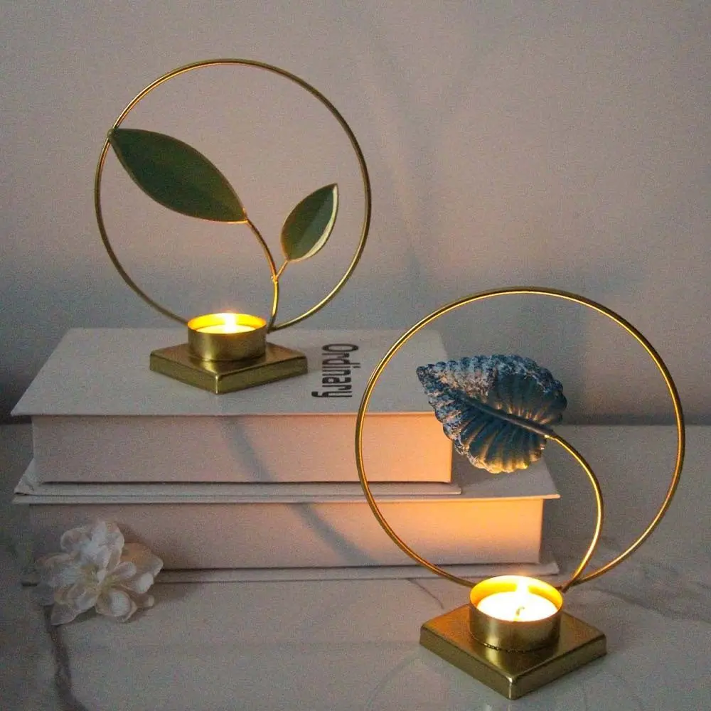 Nordic Iron Crafts Round Plant Candlestick Decorative Unique Leaves Candlestick Ornament Metal Aromatherapy Holder Living Room