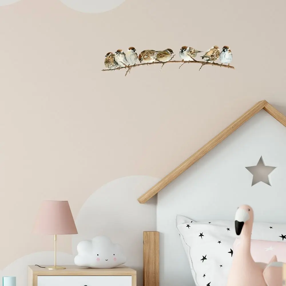 Cute Watercolor Branch Bird Stickers Self-adhesive 8 Sparrows Sparrows Decal Waterproof Wall Furniture