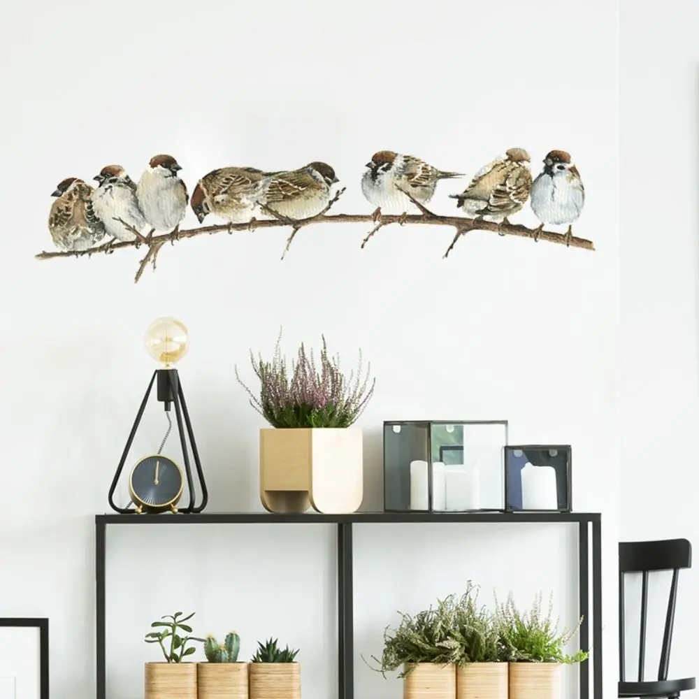 Cute Watercolor Branch Bird Stickers Self-adhesive 8 Sparrows Sparrows Decal Waterproof Wall Furniture