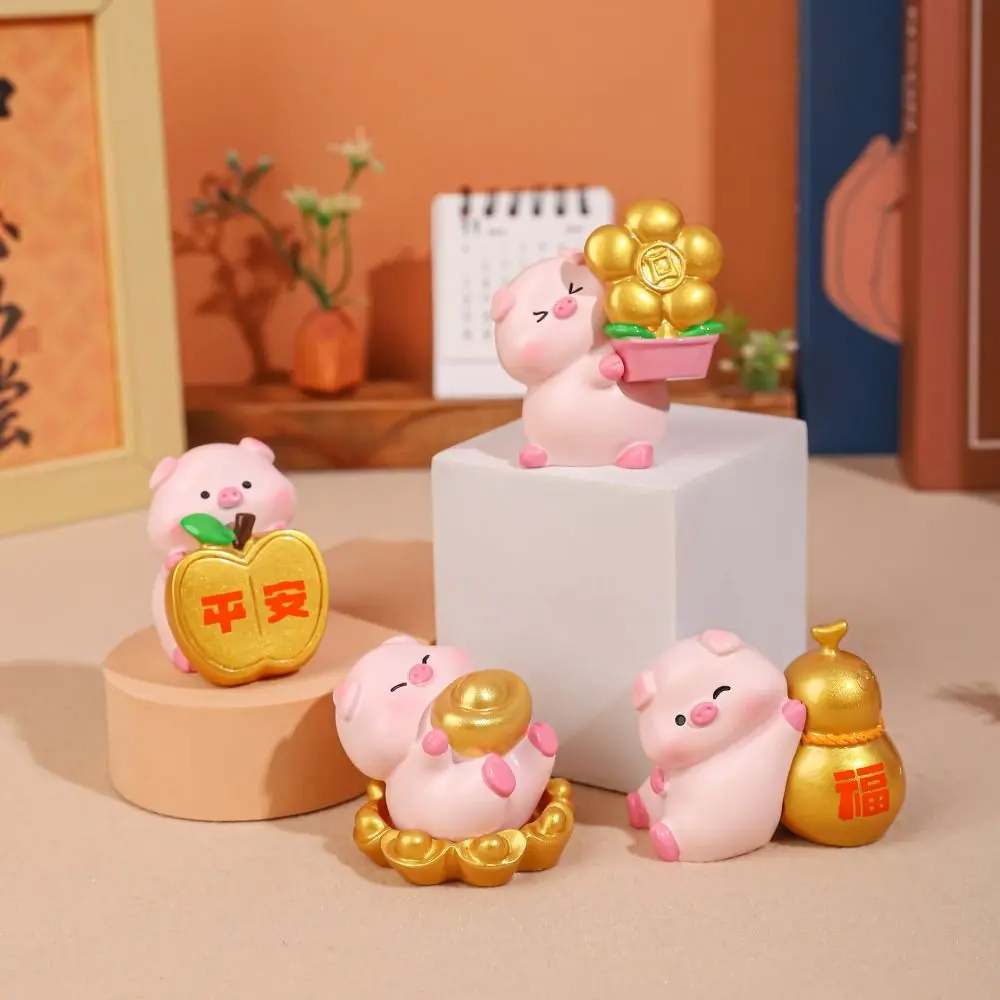 Cute Lucky Pig Figurine Fortune Resin Crafts Blessing Pig Statue Chinese Style Cartoon New Year Pig Figurine Home New Year Gift