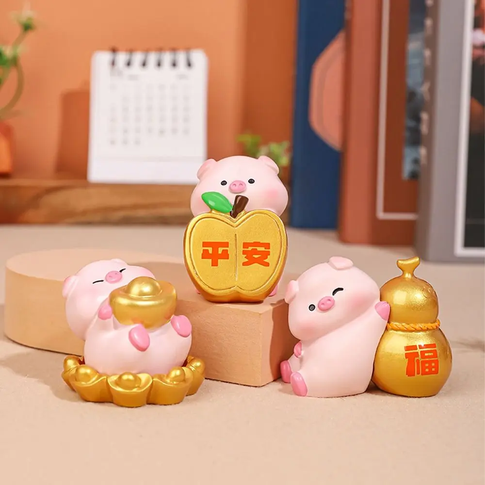 Cute Lucky Pig Figurine Fortune Resin Crafts Blessing Pig Statue Chinese Style Cartoon New Year Pig Figurine Home New Year Gift