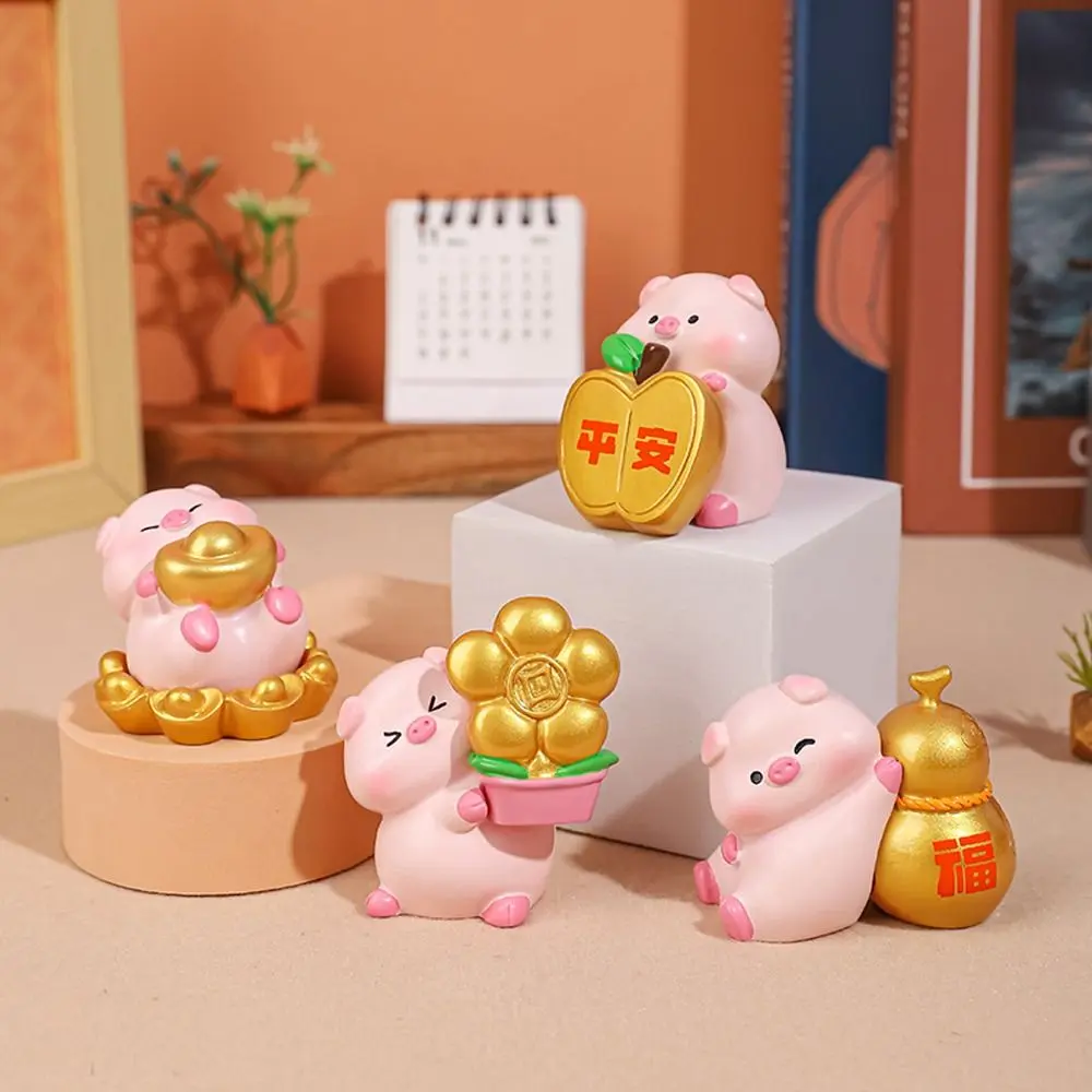 Cute Lucky Pig Figurine Fortune Resin Crafts Blessing Pig Statue Chinese Style Cartoon New Year Pig Figurine Home New Year Gift