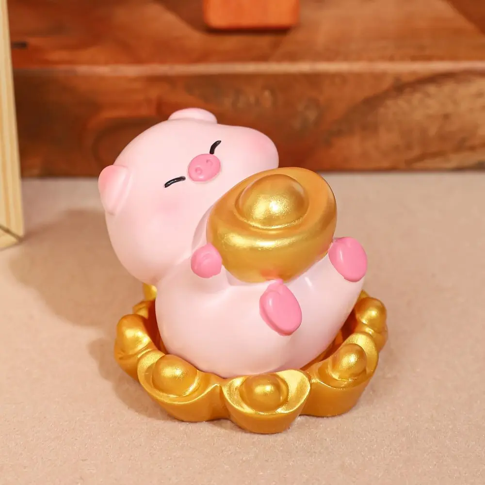 Cute Lucky Pig Figurine Fortune Resin Crafts Blessing Pig Statue Chinese Style Cartoon New Year Pig Figurine Home New Year Gift