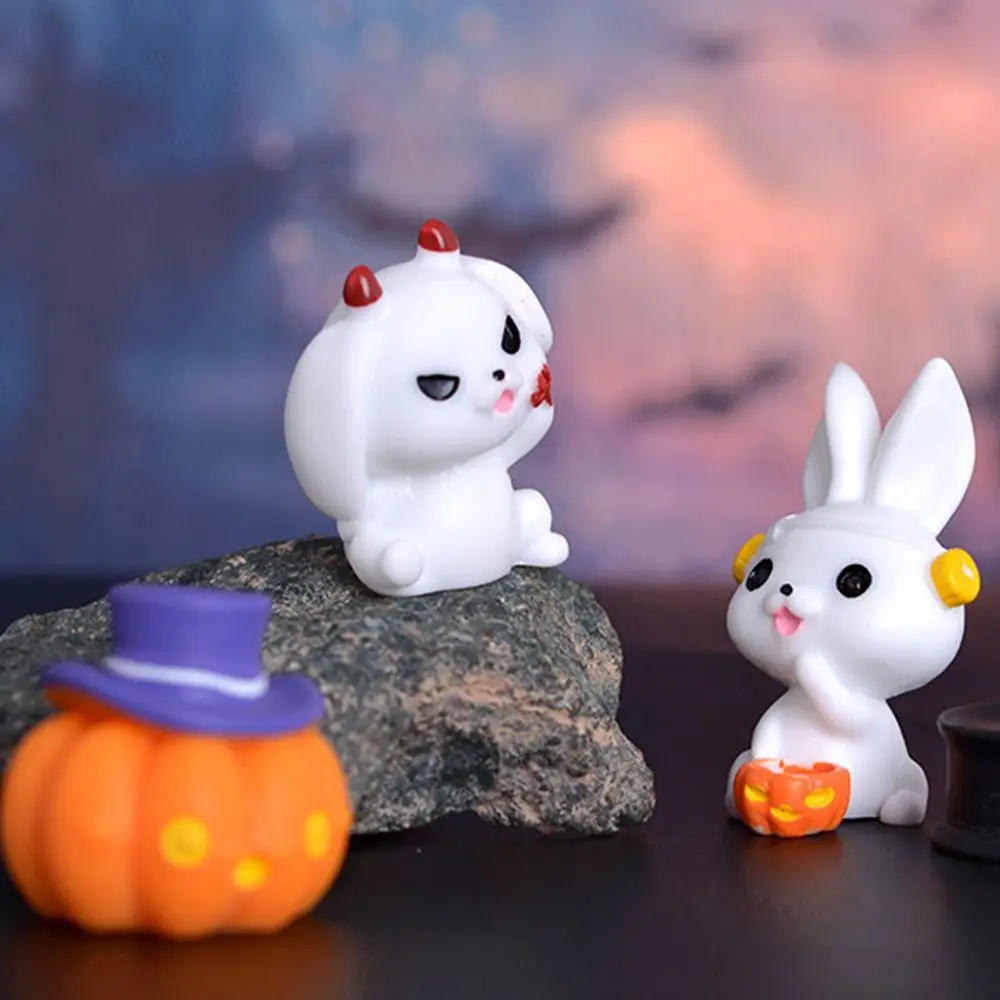 Cartoon Halloween Rabbit Ghost Figurines Pumpkin Black Cat Resin Craft Rabbit Halloween Micro Figurine Cute Mini