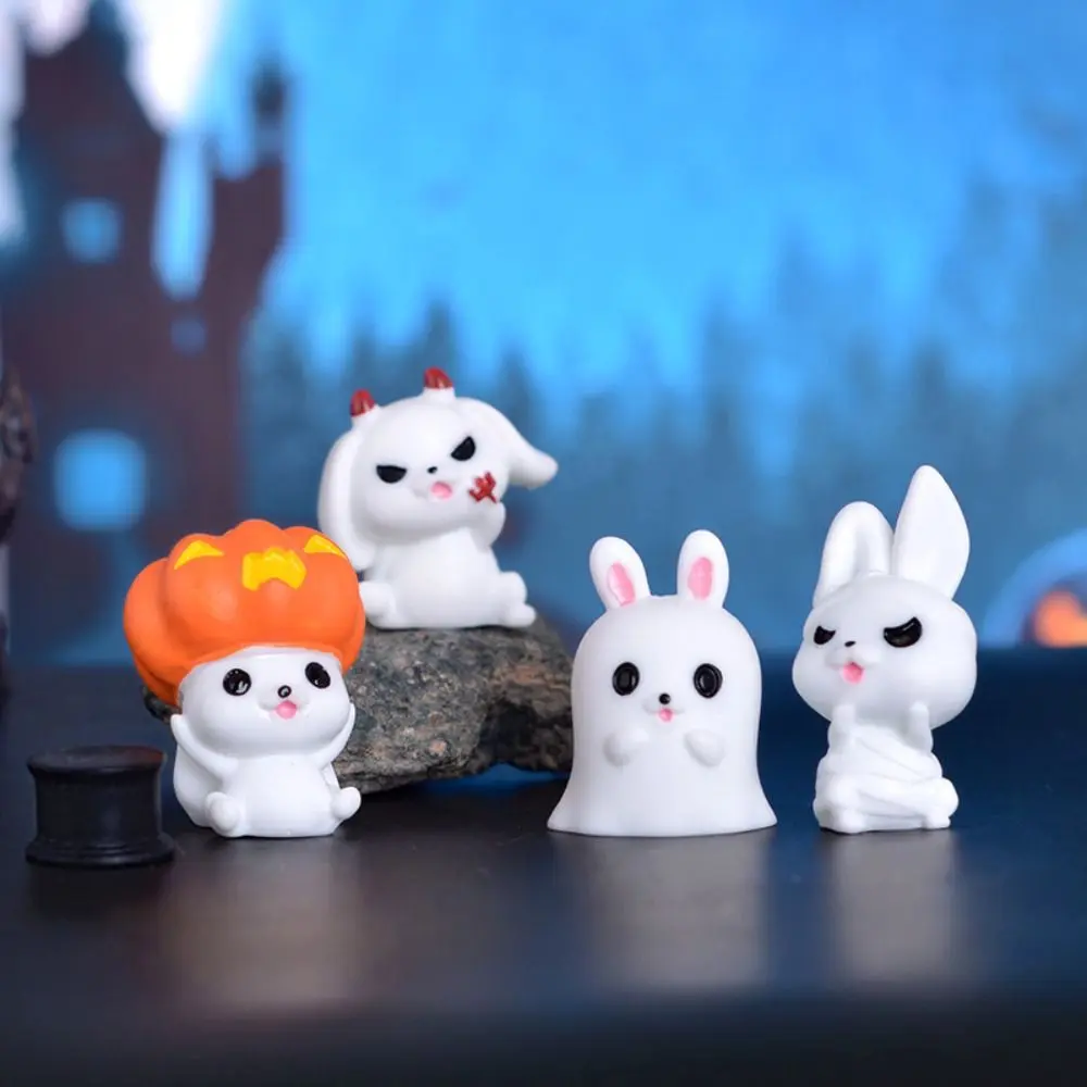 Cartoon Halloween Rabbit Ghost Figurines Pumpkin Black Cat Resin Craft Rabbit Halloween Micro Figurine Cute Mini